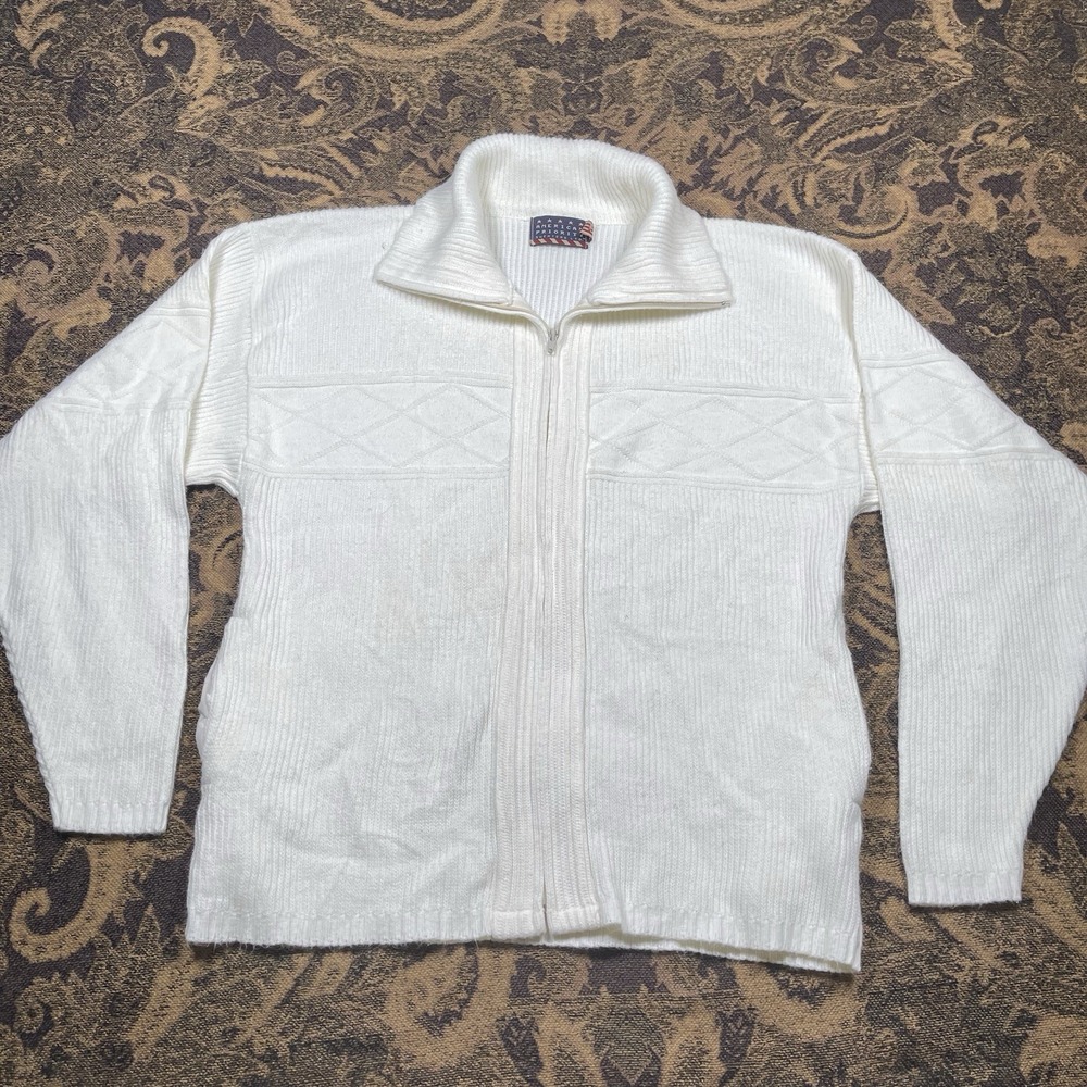Vtg 90s American Priority White Full Zip Sweater Pockets Mens Large USA